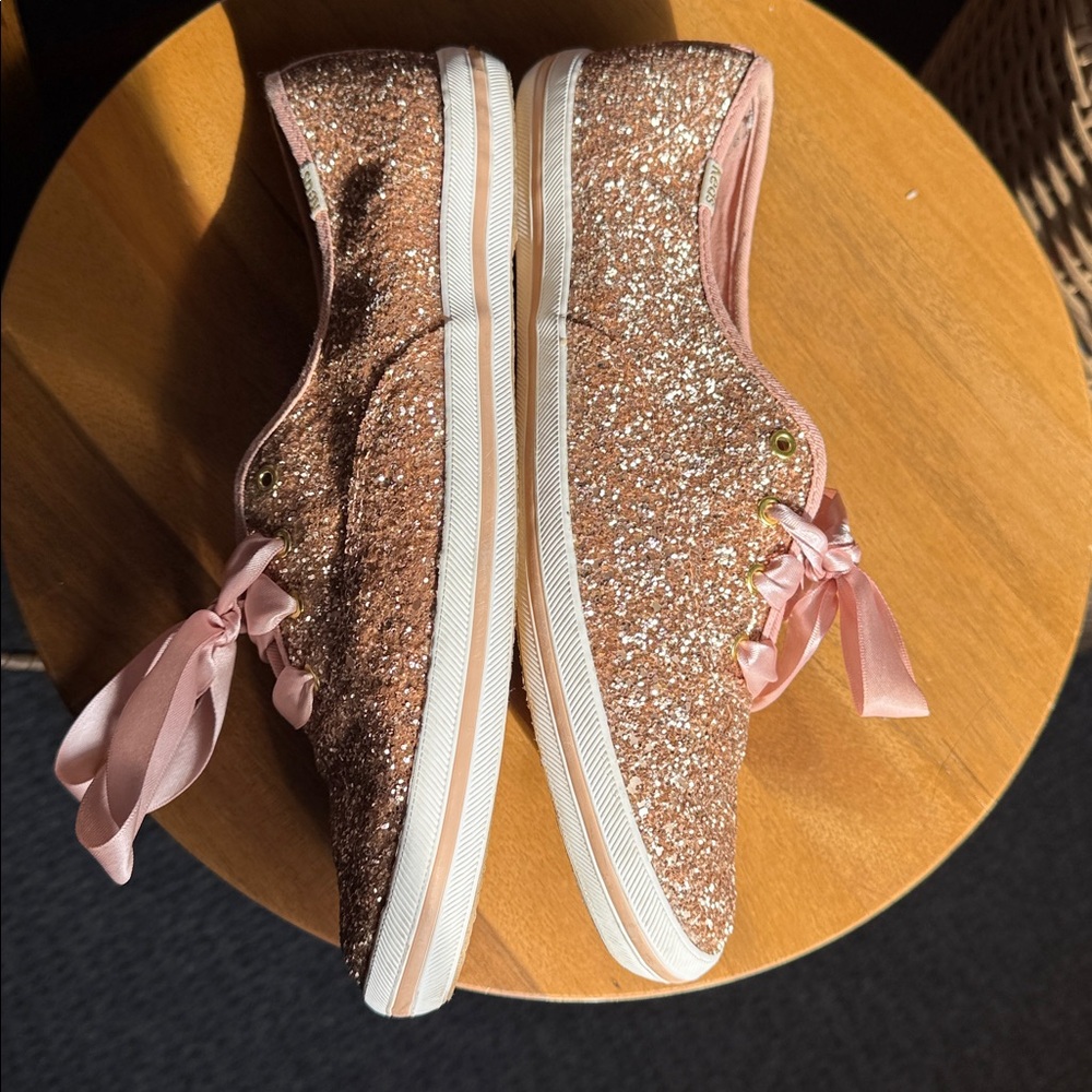 Keds Kate Spade New York Rose Gold Glitter Lace Up Sneakers satin bow blush pink - Picture 5 of 9
